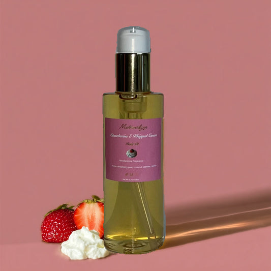 Bottle of body oil strawberry and cream on a pink background